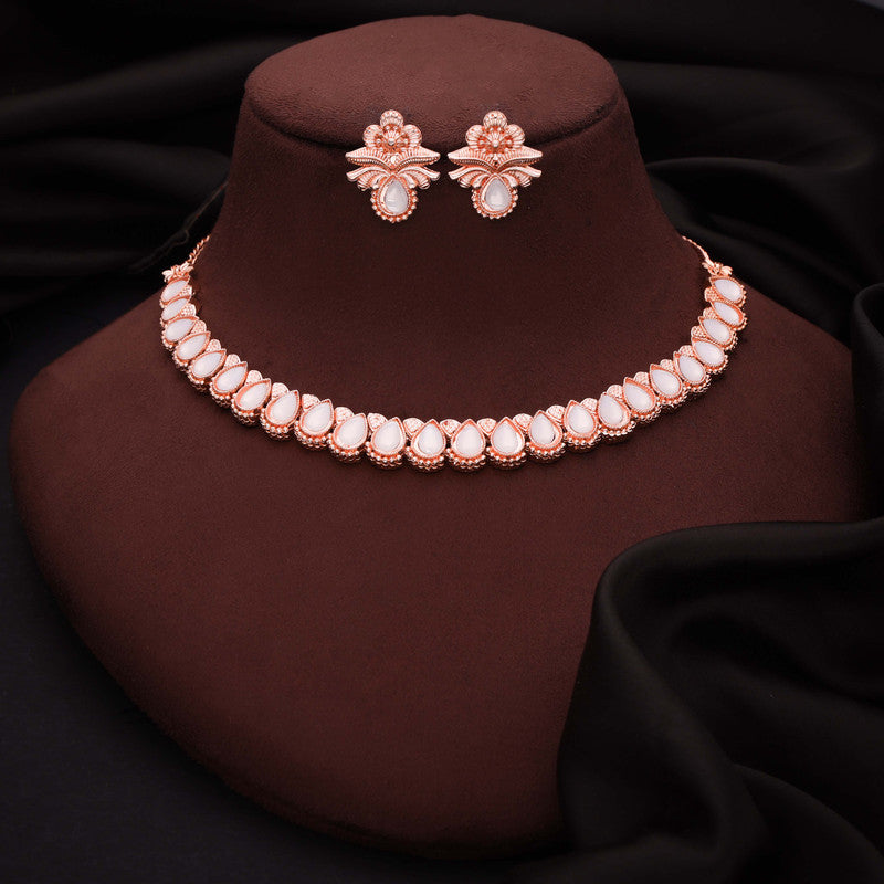 Tehzeeb Creationss Rose Gold Polish White Colour Necklace With Pair Of Earrings | Grocsy