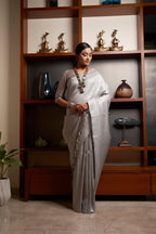 Vardha Platinum Grey Silver Zari Kanjeevaram Silk Saree | Grocsy