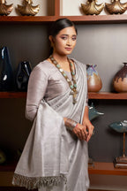 Vardha Platinum Grey Silver Zari Kanjeevaram Silk Saree | Grocsy