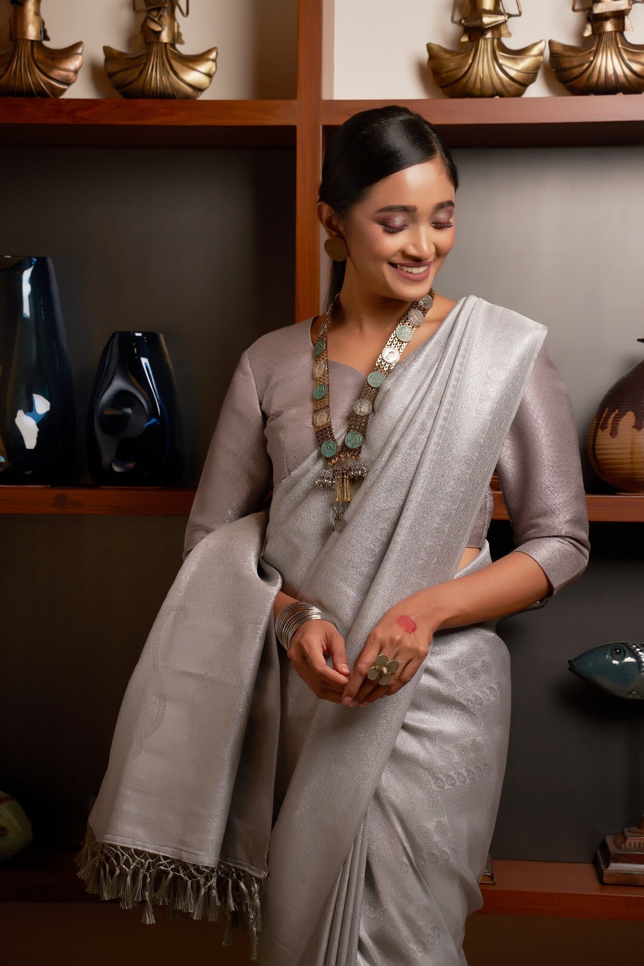 Vardha Platinum Grey Silver Zari Kanjeevaram Silk Saree | Grocsy