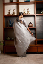 Vardha Platinum Grey Silver Zari Kanjeevaram Silk Saree | Grocsy