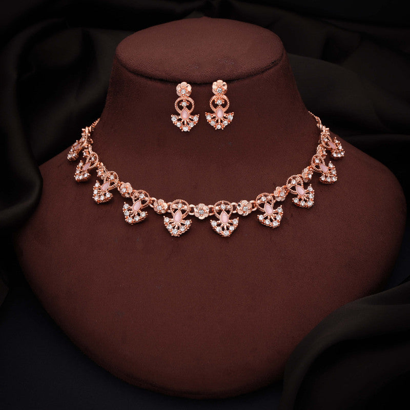 Tehzeeb Creations Gold-Polished Baby Pink Colour Necklace With Earrings | Grocsy