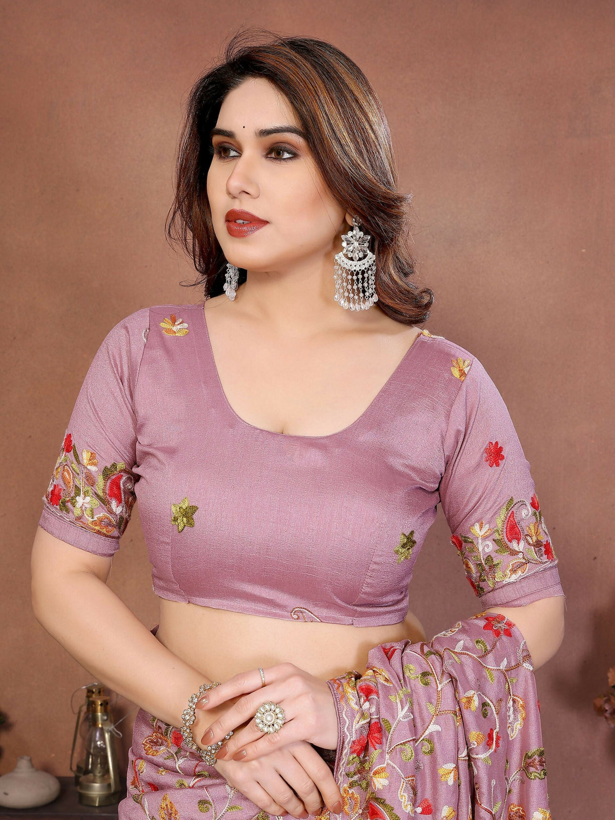Teeya Creation New Latest Party Wear Lucknowi Soft Silk Saree-Beige | Grocsy