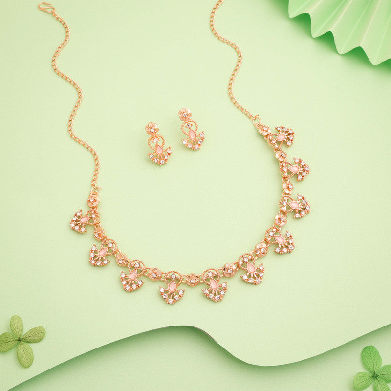 Tehzeeb Creations Gold-Polished Baby Pink Colour Necklace With Earrings | Grocsy