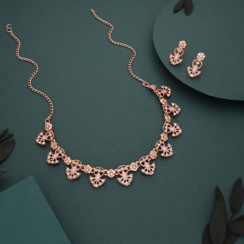 Tehzeeb Creations Gold-Polished Baby Pink Colour Necklace With Earrings | Grocsy