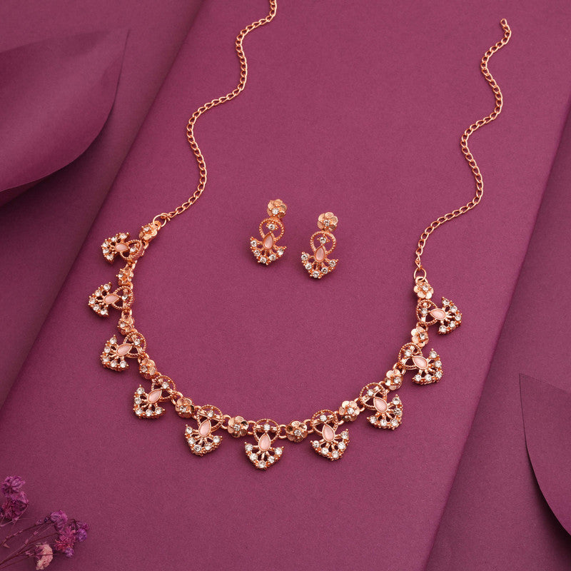 Tehzeeb Creations Gold-Polished Baby Pink Colour Necklace With Earrings | Grocsy