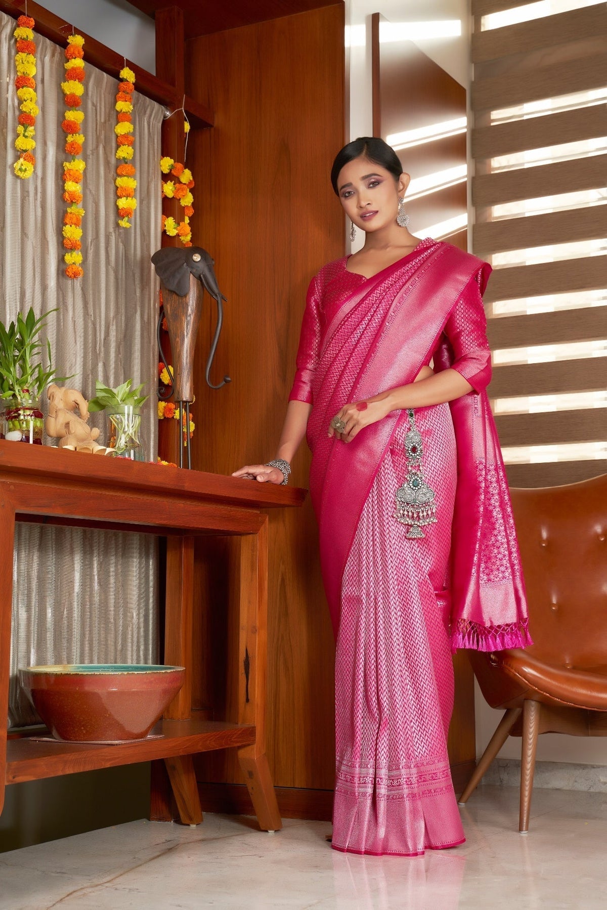 Vardha Candy Apple Red Silver Zari Kanjeevaram Silk Saree | Grocsy