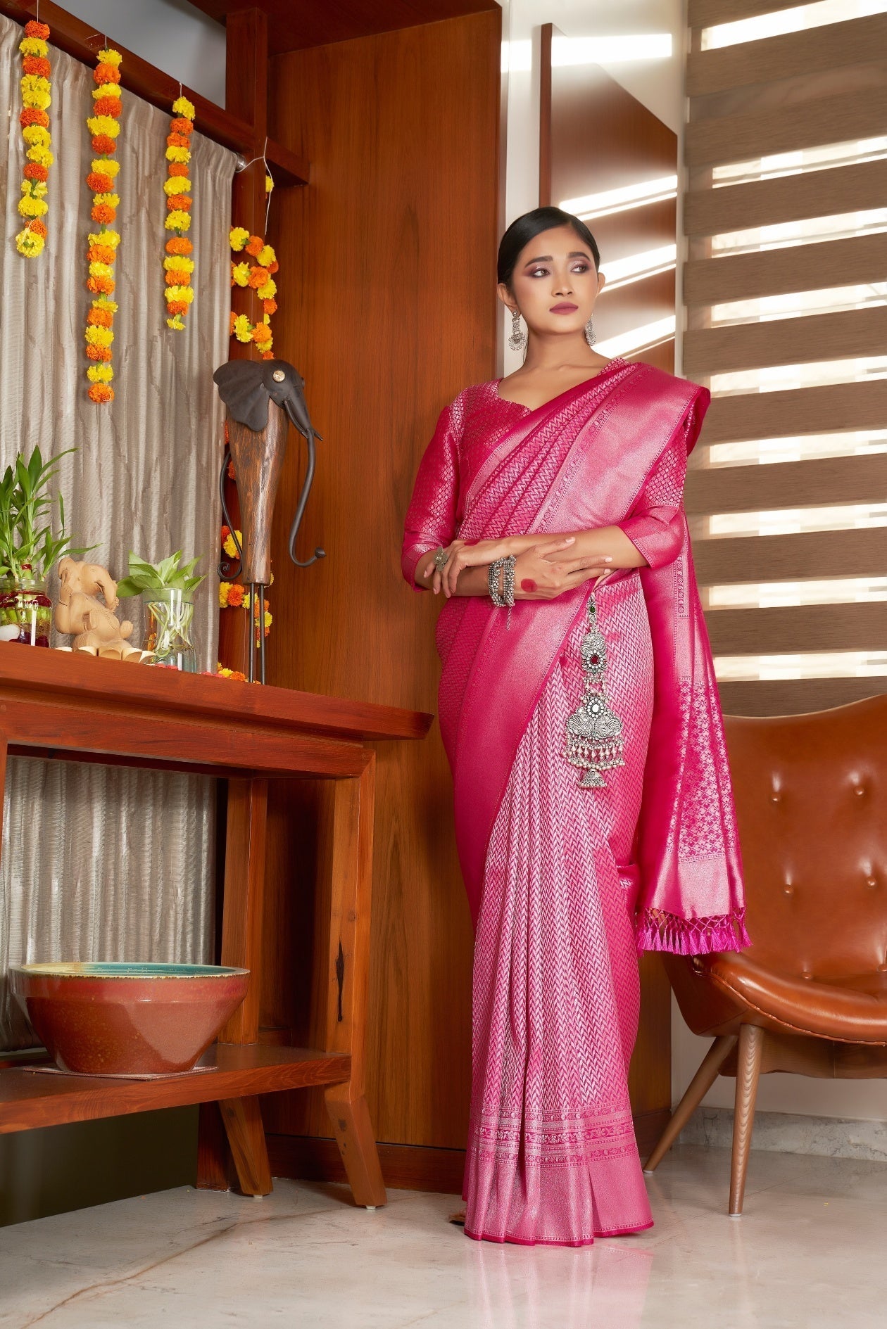 Vardha Candy Apple Red Silver Zari Kanjeevaram Silk Saree | Grocsy