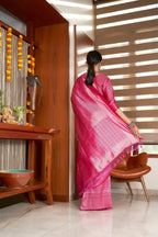 Vardha Candy Apple Red Silver Zari Kanjeevaram Silk Saree | Grocsy