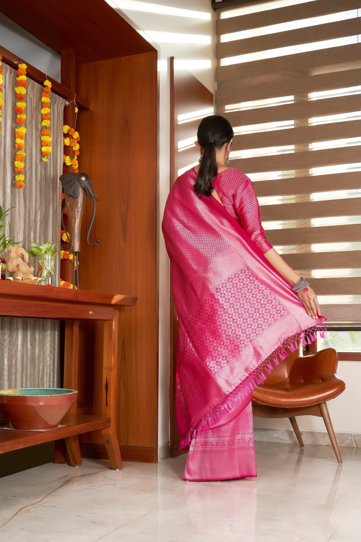 Vardha Candy Apple Red Silver Zari Kanjeevaram Silk Saree | Grocsy