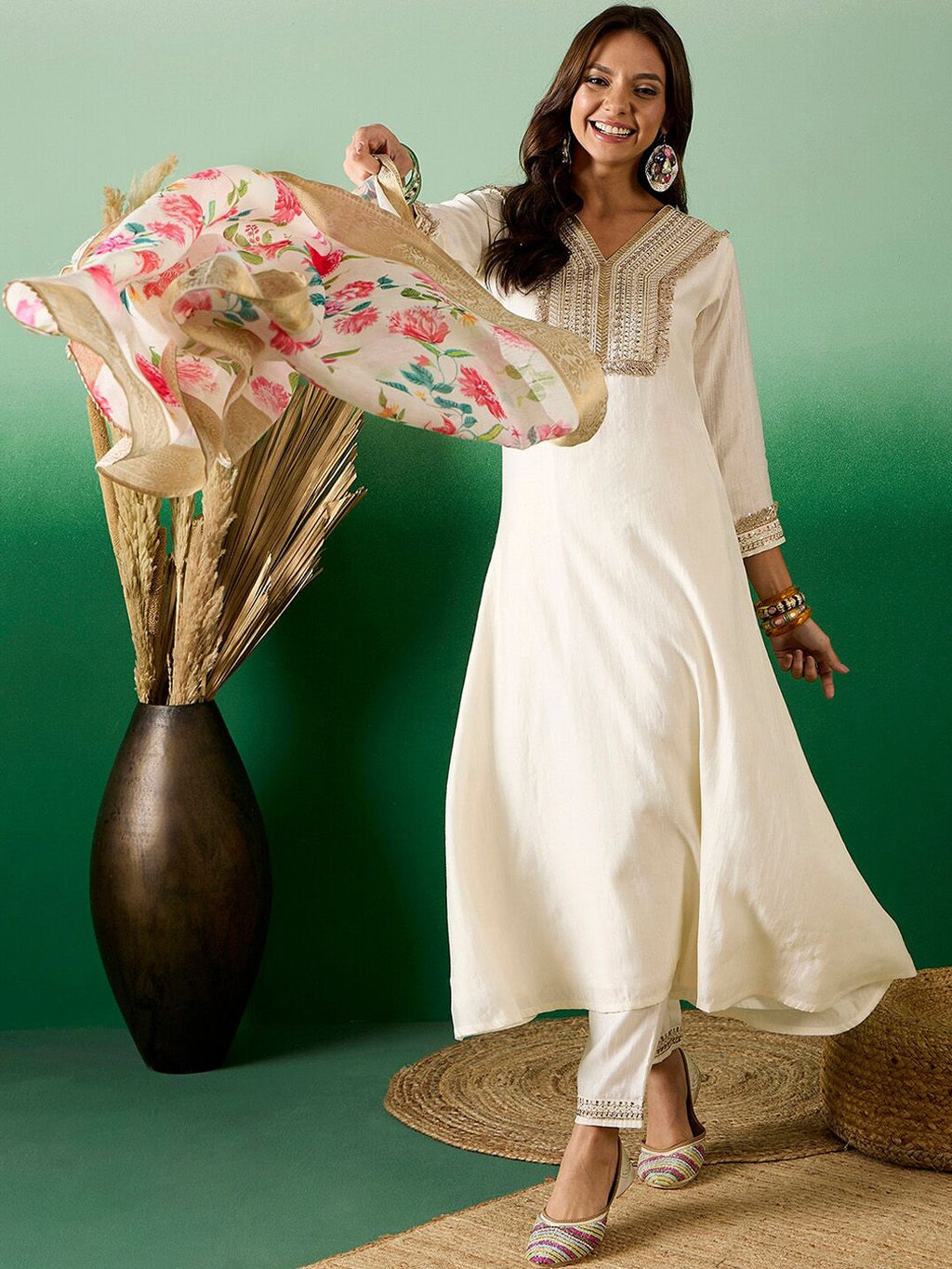 Sangria Off White Floral Embroidered Zari Sequence A-Line Kurta With Trouser & Dupatta | Grocsy