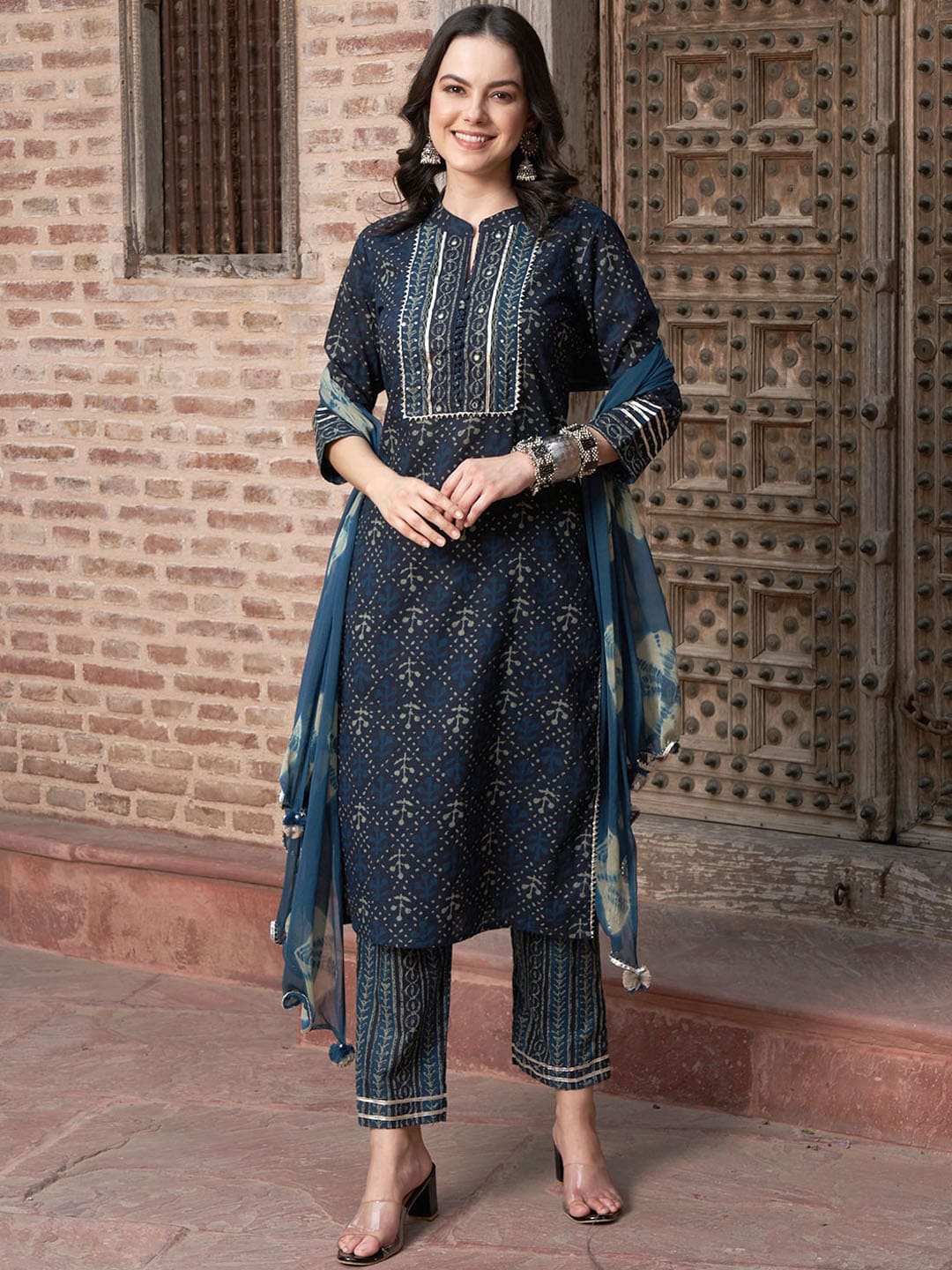 Sangria Blue Ethnic Motifs Embroidered Gotta Patti Pure Cotton Kurta Set With Dupatta | Grocsy