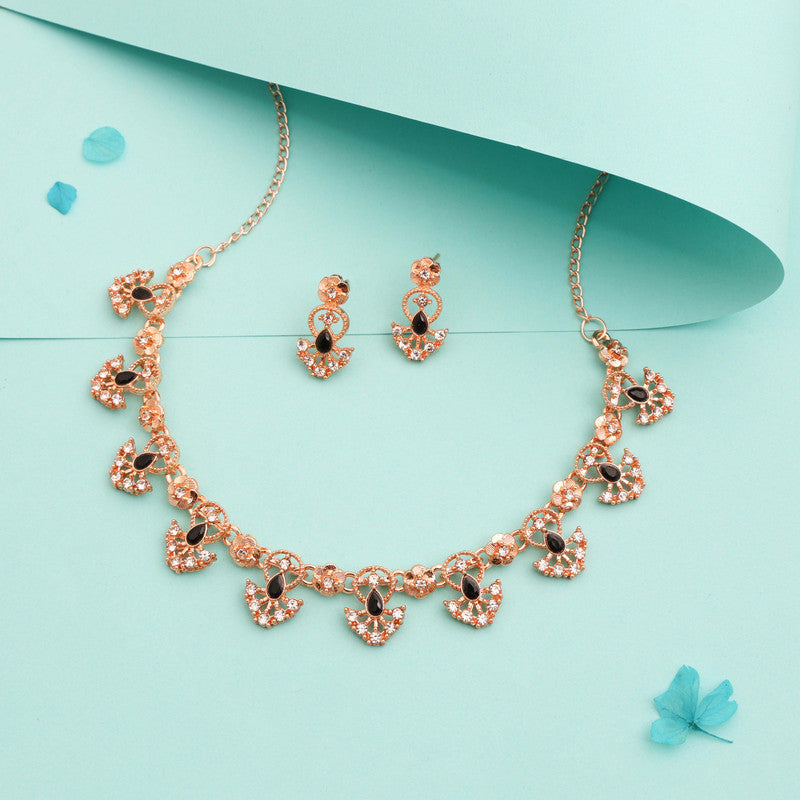 Tehzeeb Creations Gold-Polished Black Colour Necklace With Earrings | Grocsy