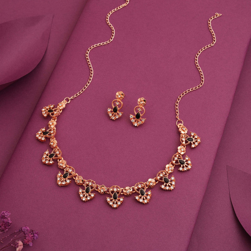 Tehzeeb Creations Gold-Polished Black Colour Necklace With Earrings | Grocsy