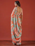 Sangria Sea Green Floral Printed Zari Saree | Grocsy