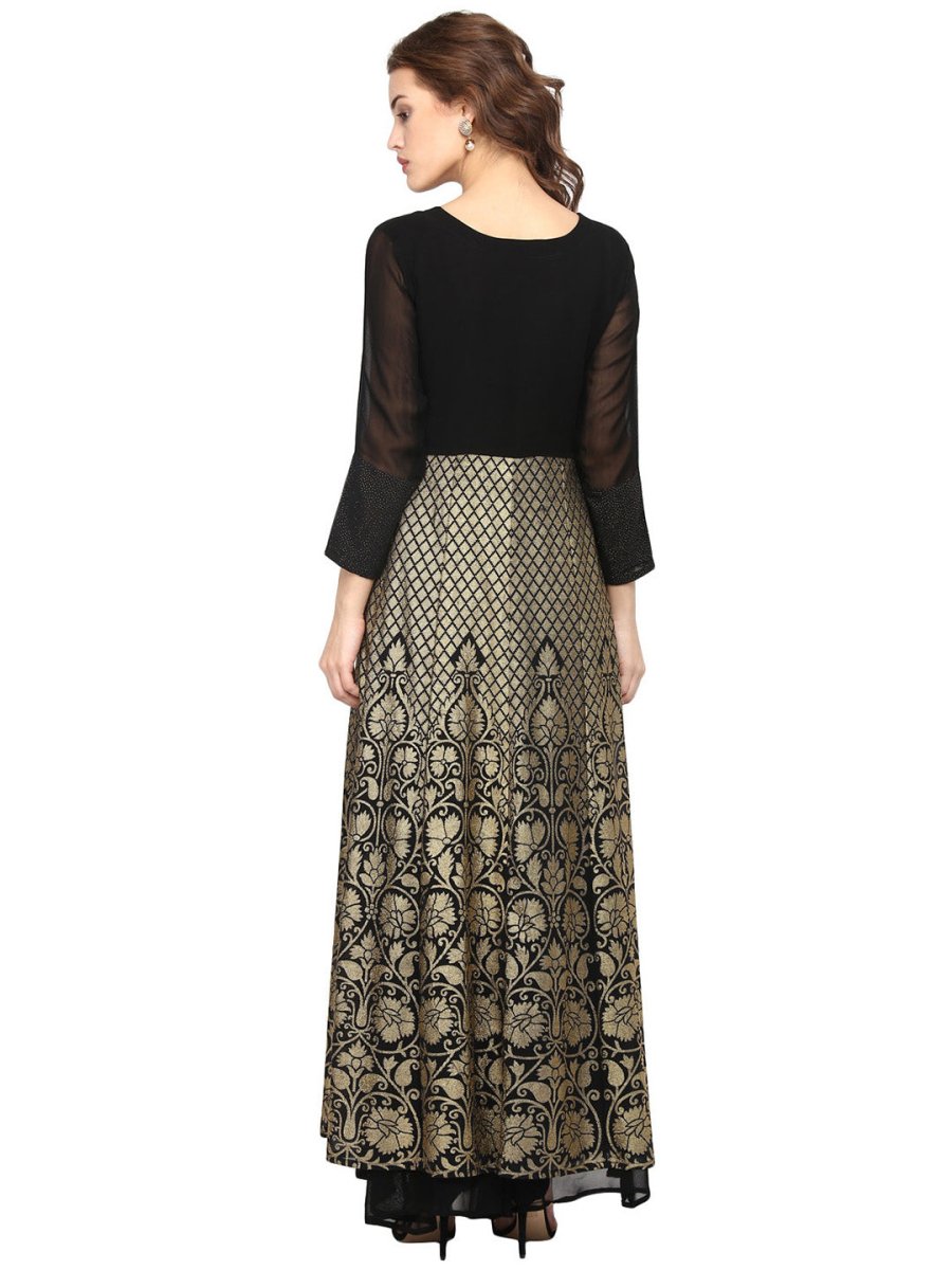 Ahalyaa Women Black & Golden Foil Print A-Line Kurta | Grocsy