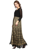 Ahalyaa Women Black & Golden Foil Print A-Line Kurta | Grocsy