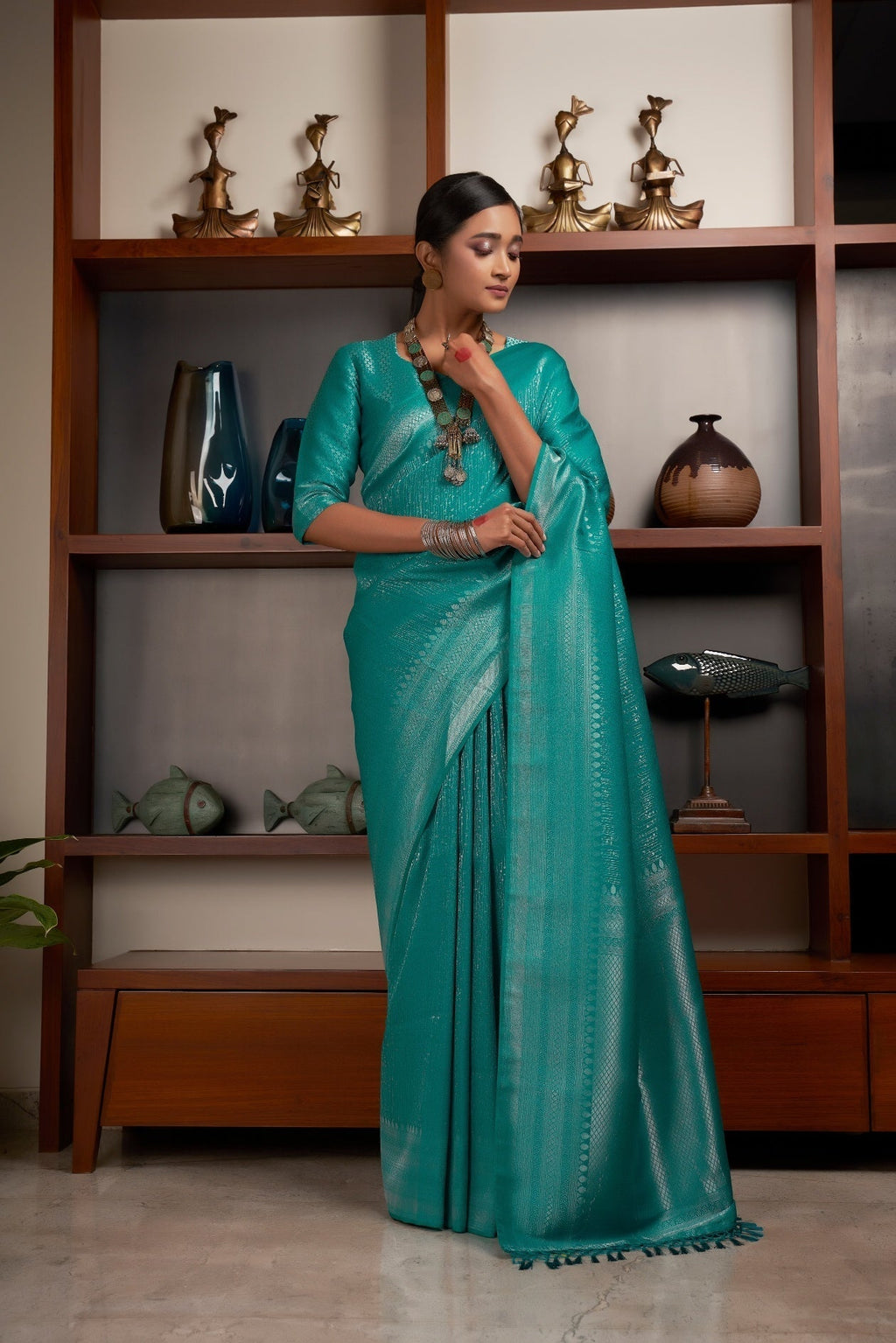 Vardha Sapphire Green Silver Zari Kanjeevaram Silk Saree | Grocsy