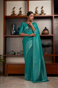 Vardha Sapphire Green Silver Zari Kanjeevaram Silk Saree | Grocsy