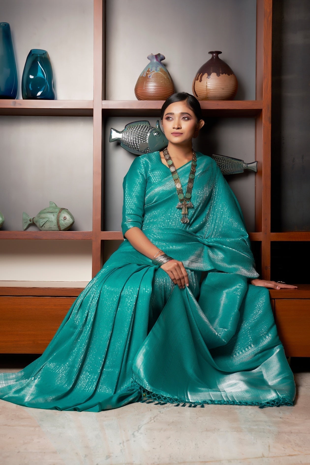 Vardha Sapphire Green Silver Zari Kanjeevaram Silk Saree | Grocsy