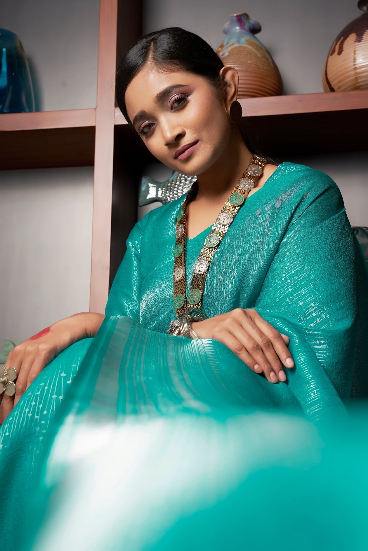 Vardha Sapphire Green Silver Zari Kanjeevaram Silk Saree | Grocsy