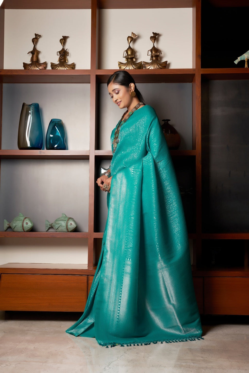 Vardha Sapphire Green Silver Zari Kanjeevaram Silk Saree | Grocsy