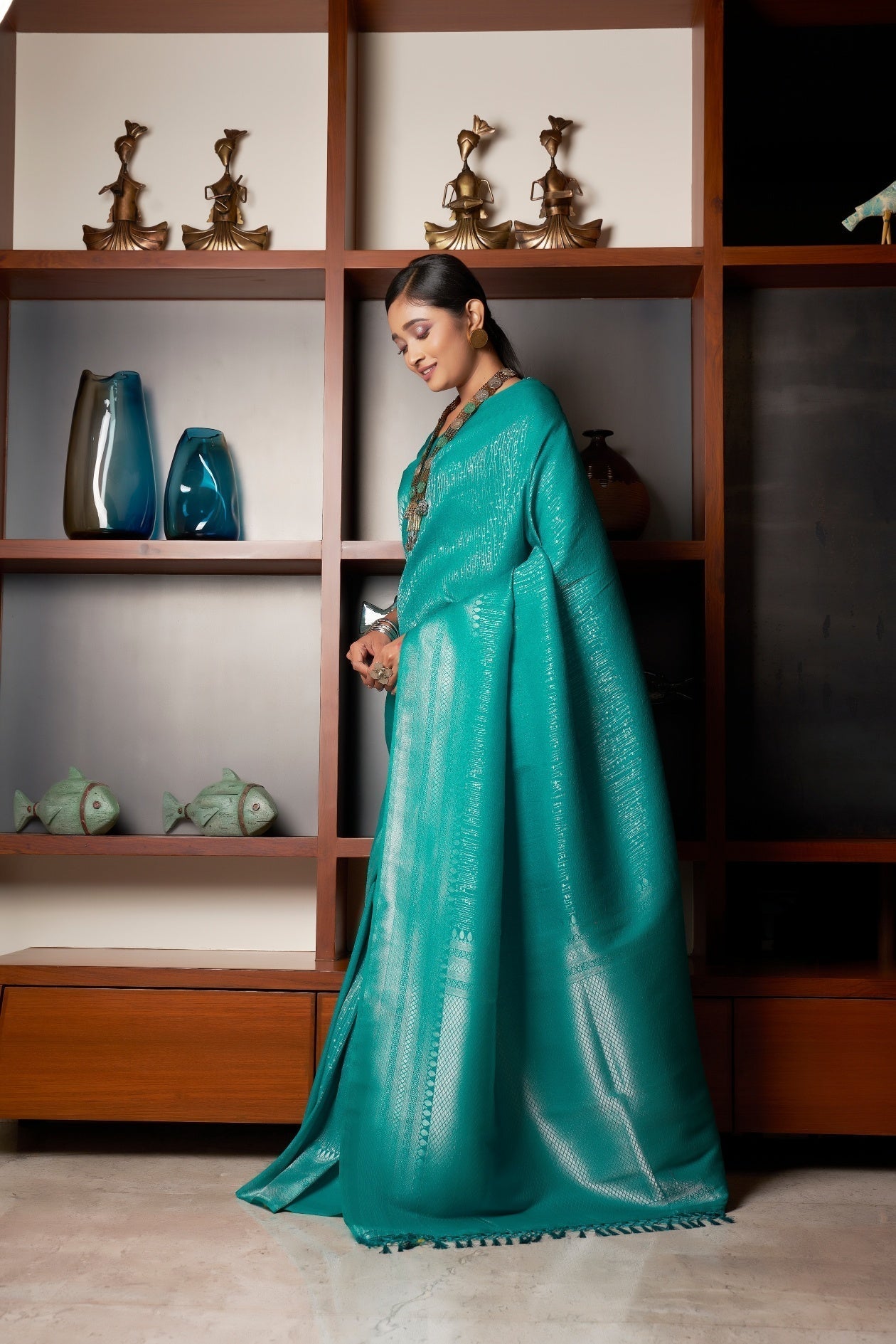 Vardha Sapphire Green Silver Zari Kanjeevaram Silk Saree | Grocsy