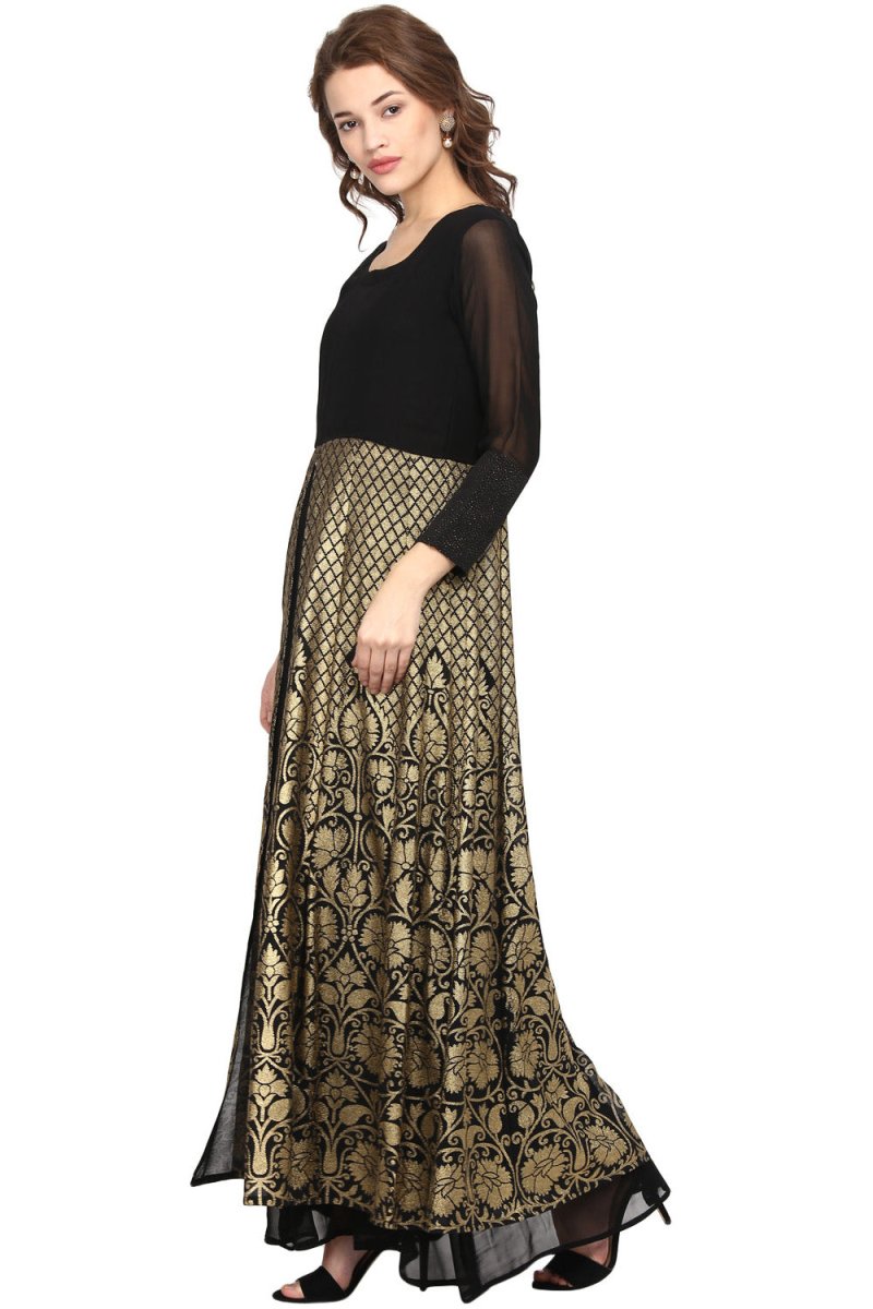 Ahalyaa Black & Golden Foil Print A-Line Kurta For Women | Grocsy