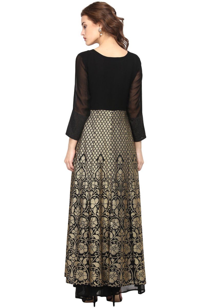 Ahalyaa Black & Golden Foil Print A-Line Kurta For Women | Grocsy