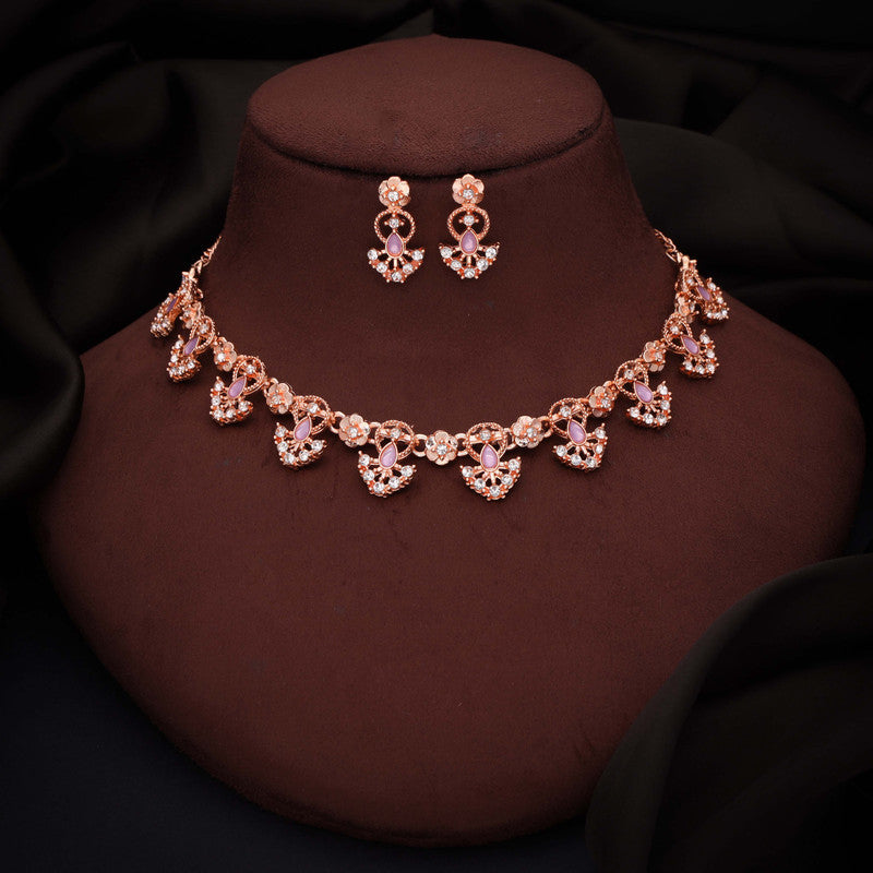 Tehzeeb Creations Gold-Polished Lavender Colour Necklace With Earrings | Grocsy