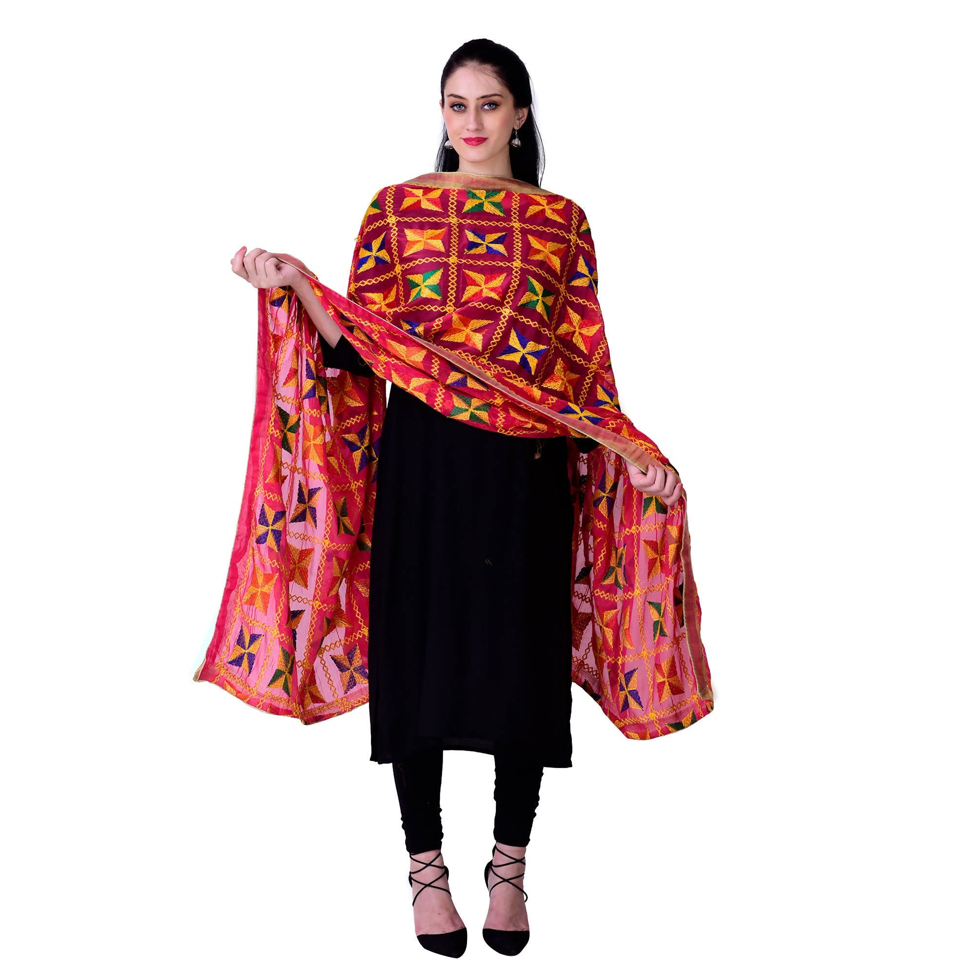 SWI Stylish Women's Embroidered Phulkari Chiffon Magenta Dupatta | Grocsy