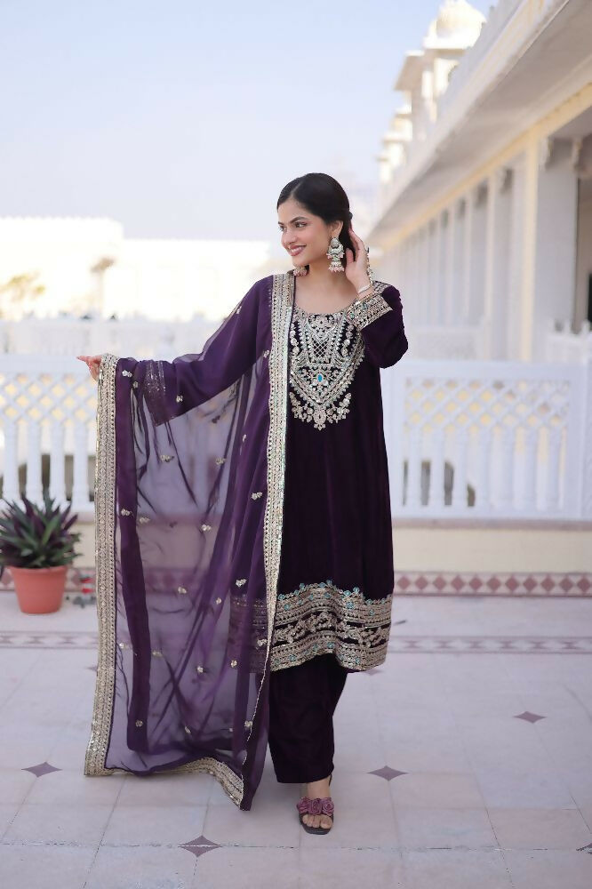 Joban Fashion Wine Kurta Set Velvet Sequins , Zari, Coding & Thread Embroidered work | Grocsy
