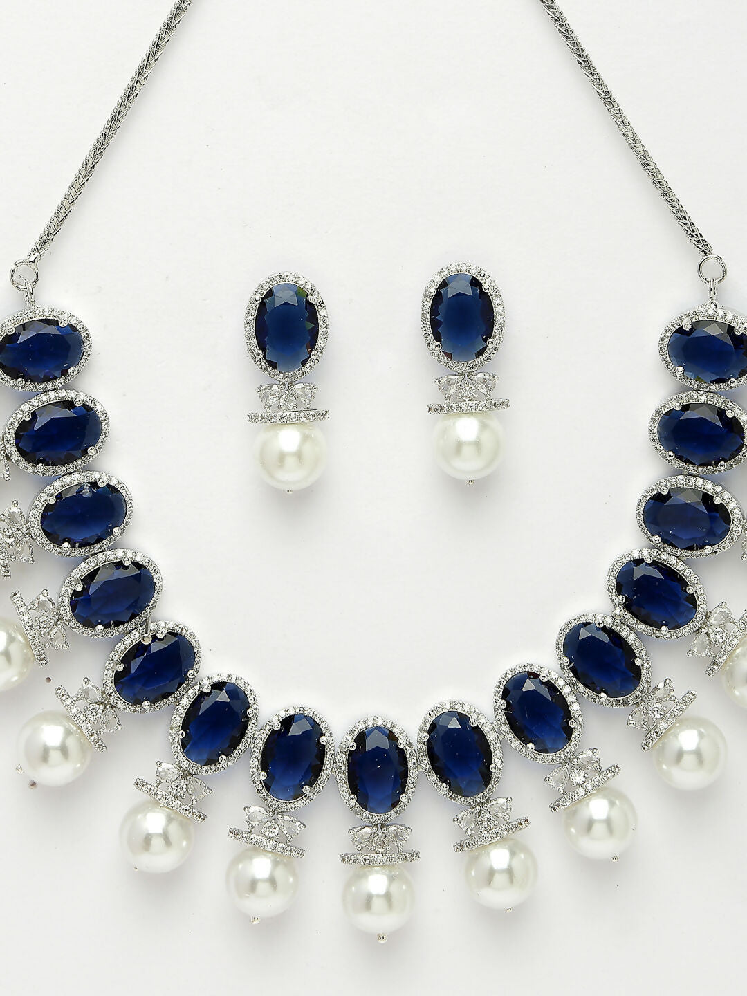 NVR Women's Silver-Plated Blue American Diamond Studded Handcrafted Jewellery Set | Grocsy