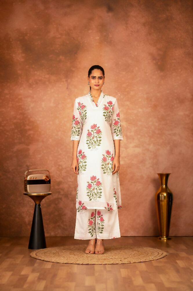 Joban Fashion Off White Red Hand Block Printed Cotton Suit Set | Grocsy