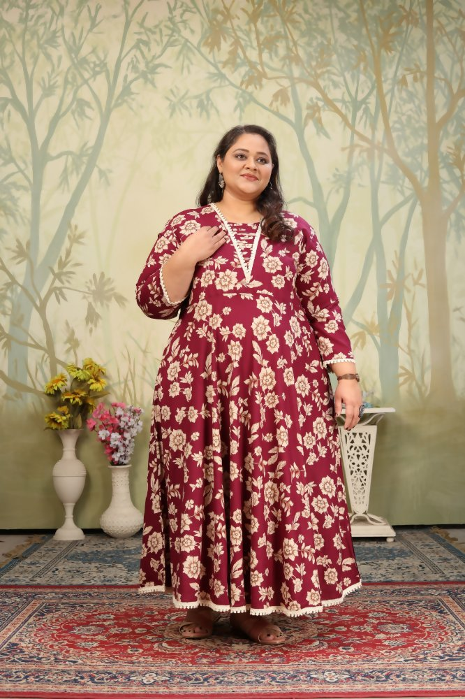 Jyoti Fashion Women's Wine Rayon Floral Print with Sequins Designer Anarkali Set | Grocsy