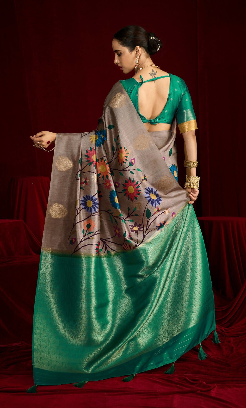 Joban Fashion Greensoft Silk Weaving Fabric With Digital Jamdani Print With Jacquard Rich Pallu & Blouse With Spring Tassels | Grocsy
