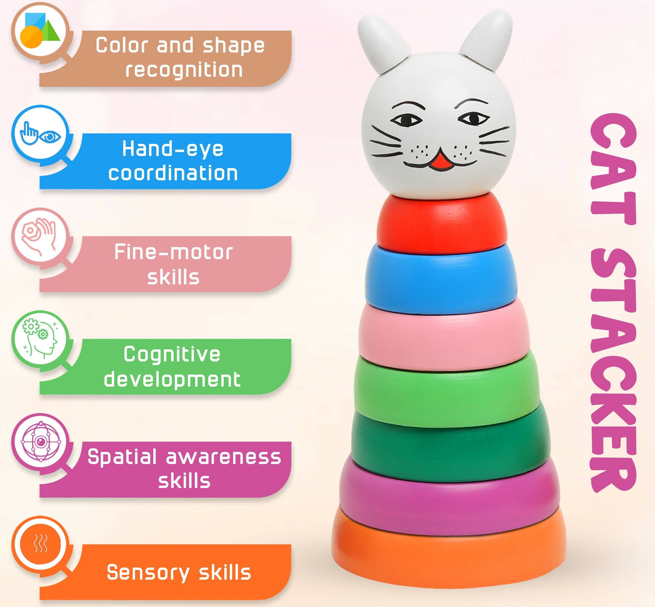 Matoyi Trapezium Rattle & Cat Stacker & Flat disk Rattle & Color Bowling Pin For Kids | Grocsy