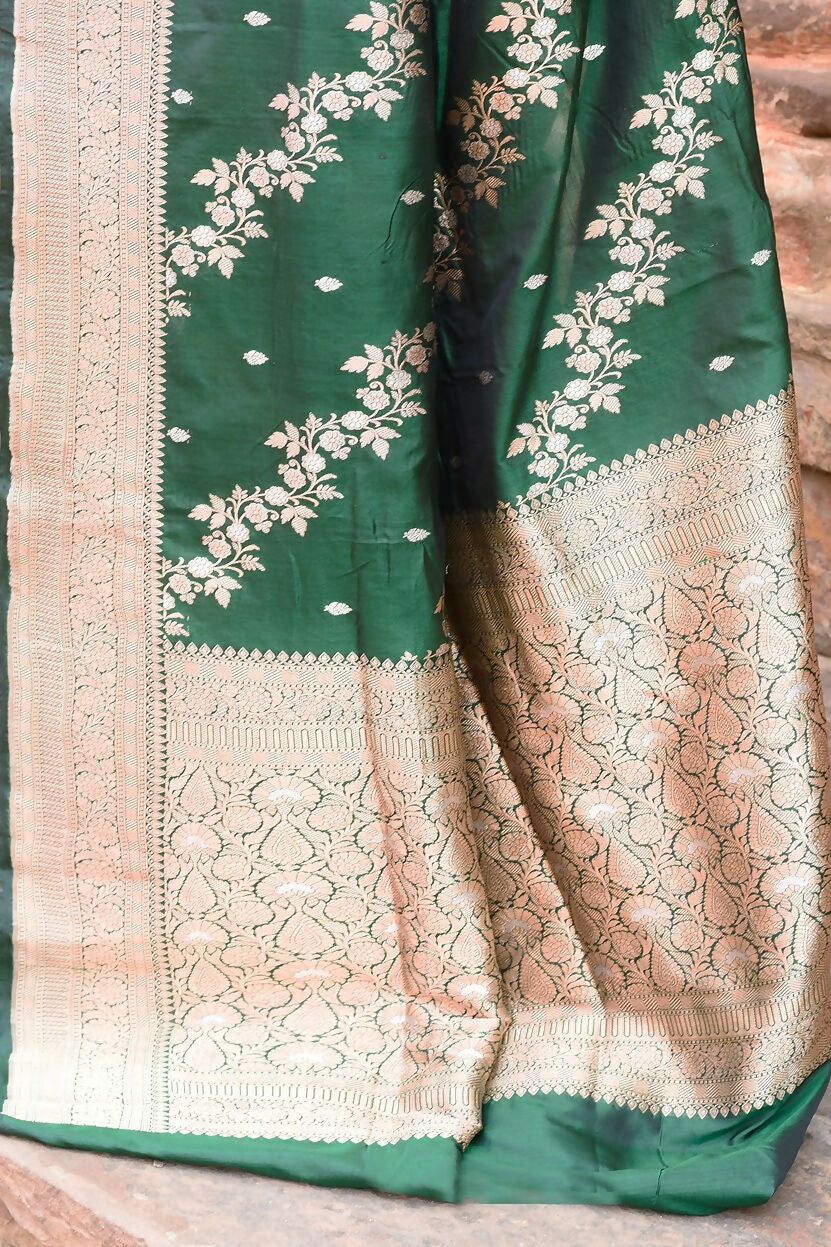 Joban Fashion Emerald Green Banarasi Katan Pure Handloom Banarasi Silk Saree | Grocsy