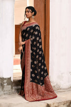 Joban Fashion Black Crepe Chiffon Pure Handloom Banarasi Silk Saree | Grocsy