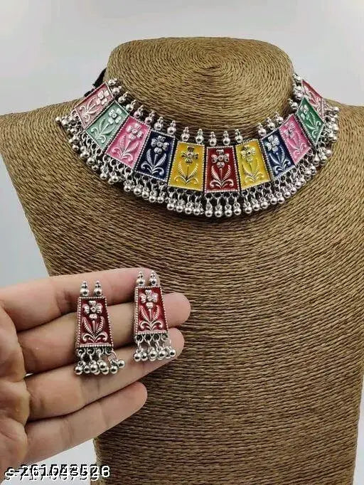 Tehzeeb Creations Women's Multi Colour Meenakari Oxidised Necklace Set - Swadesiicart