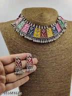 Tehzeeb Creations Women's Multi Colour Meenakari Oxidised Necklace Set - Swadesiicart