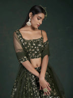 Tulsi Art Desirable Olive Green Sequins Embroidered Georgette Lehenga Choli | Grocsy