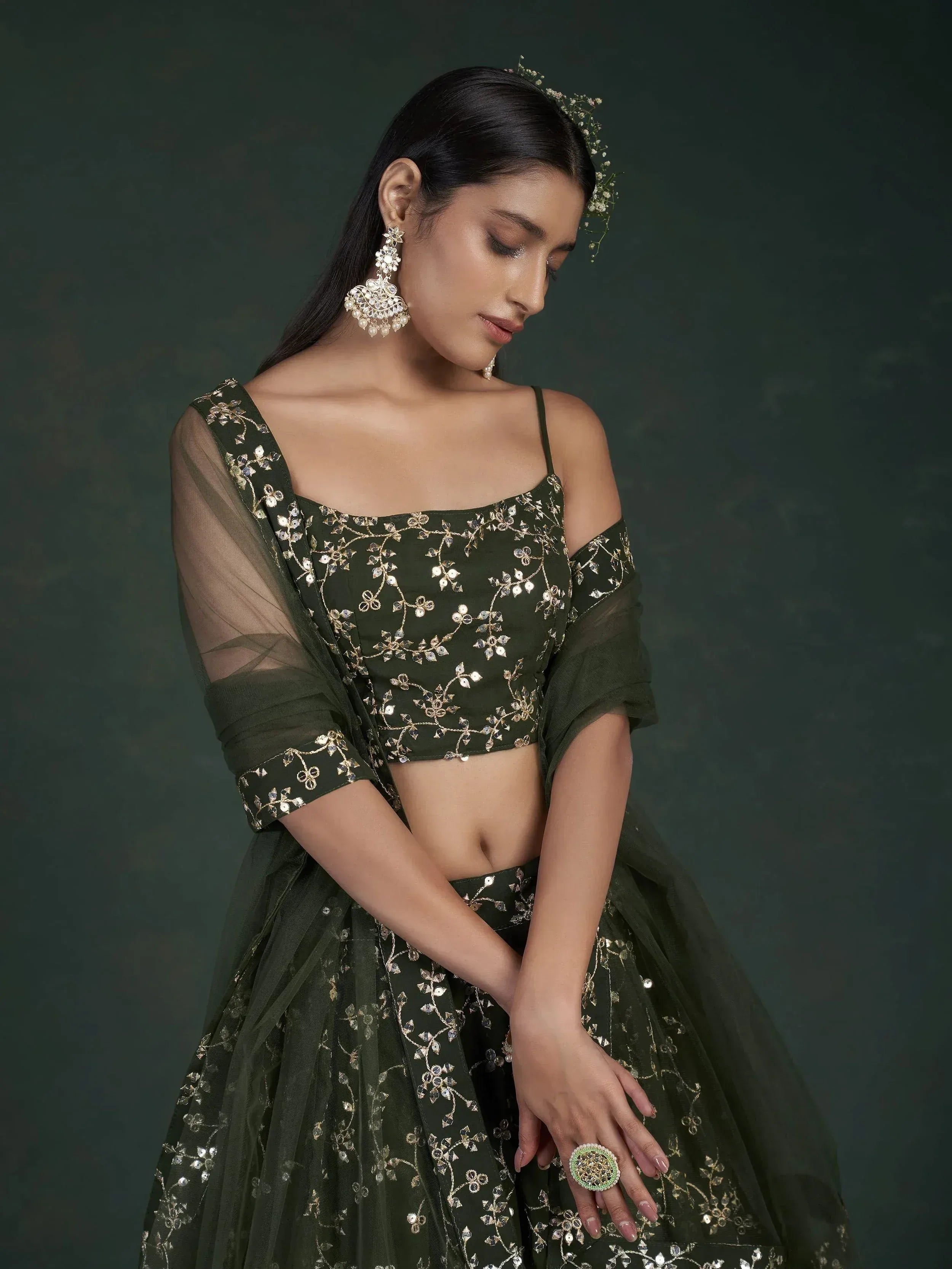 Tulsi Art Desirable Olive Green Sequins Embroidered Georgette Lehenga Choli | Grocsy