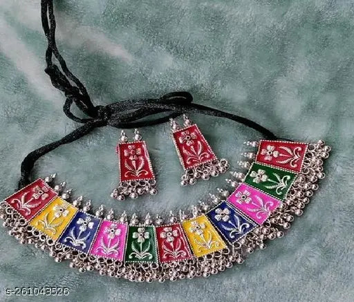Tehzeeb Creations Women's Multi Colour Meenakari Oxidised Necklace Set - Swadesiicart