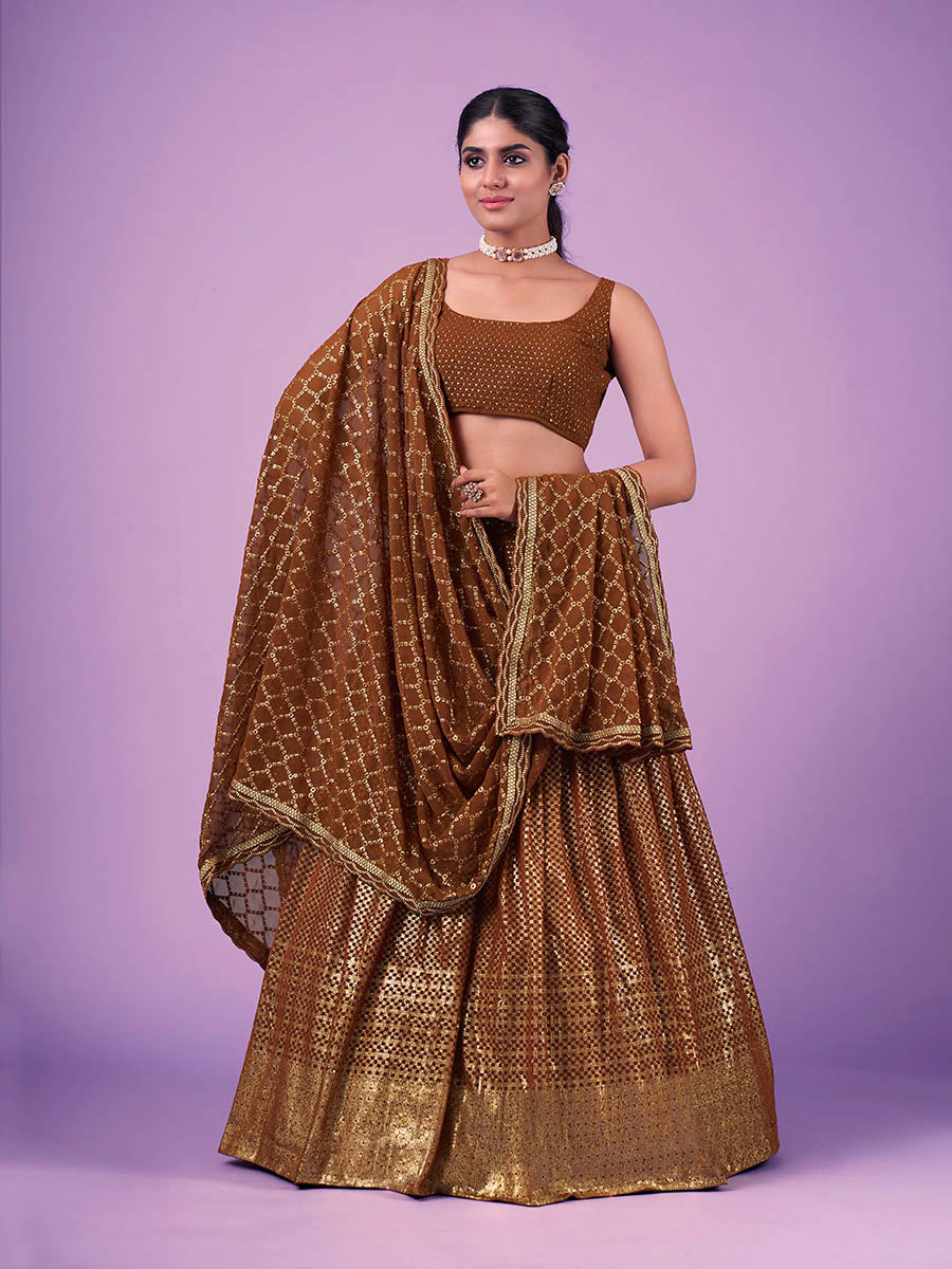 Myra Brown Georgette Embroidered Designer Lehenga | Grocsy