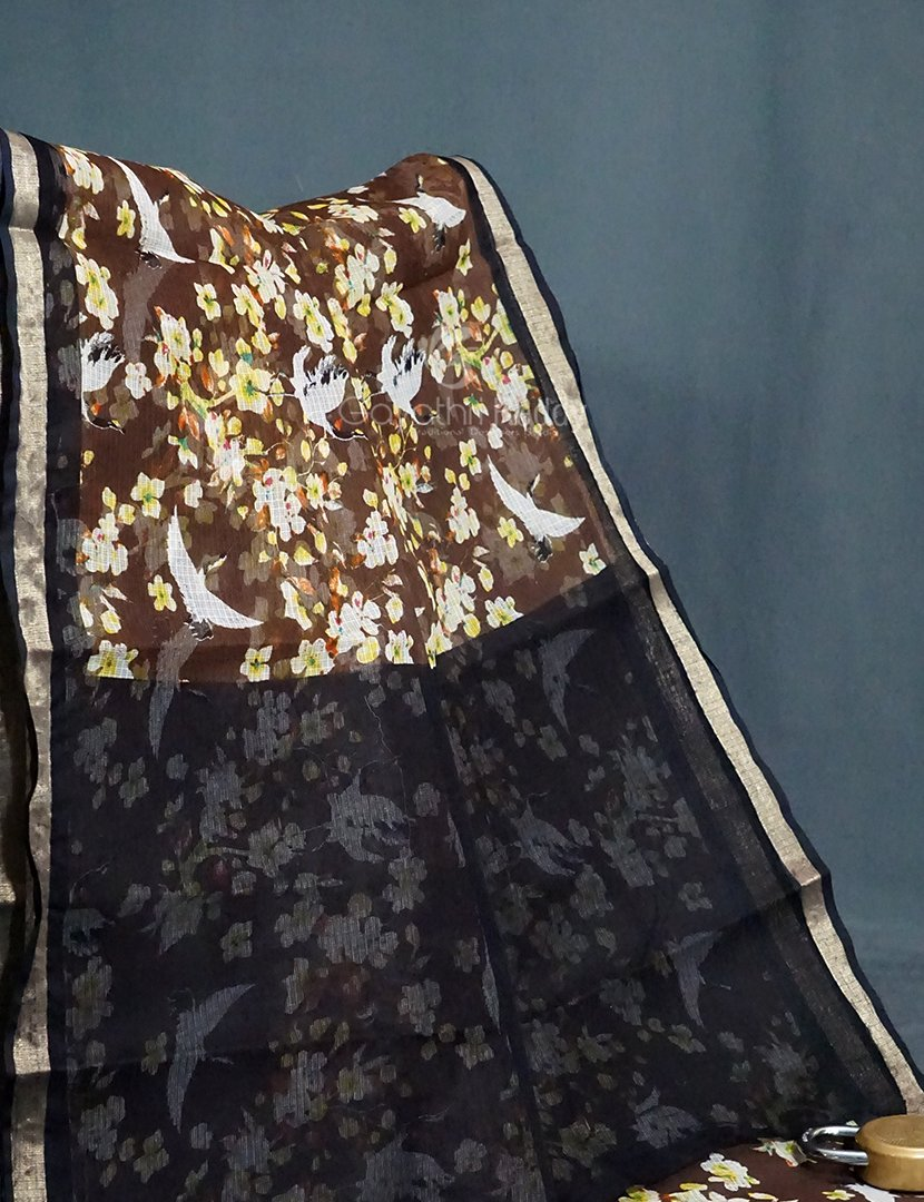 Dark Dry Mehndi Colour Block Print Pure Kota Cotton Saree By Gayathri Reddy Designer Studio | Grocsy