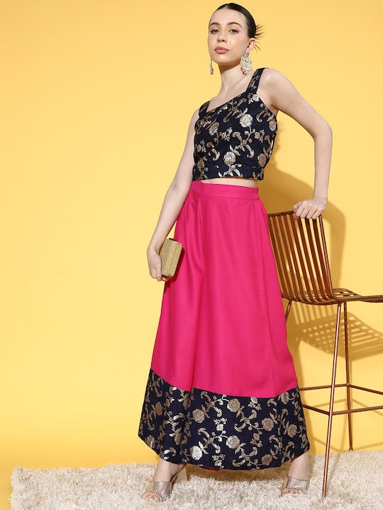 InWeave Women's Blue Brocade Strappy Top W Fuchsia Blue Brocade Palazzo Set | Grocsy