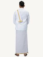 Ramraj Cotton Mens Wedding White Regular Dhoti, Shirt & Towel Set Subhakalyan 1/2" | Grocsy