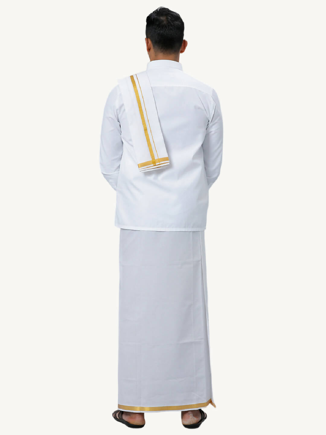 Ramraj Cotton Mens Wedding White Regular Dhoti, Shirt & Towel Set Subhakalyan 1/2" | Grocsy