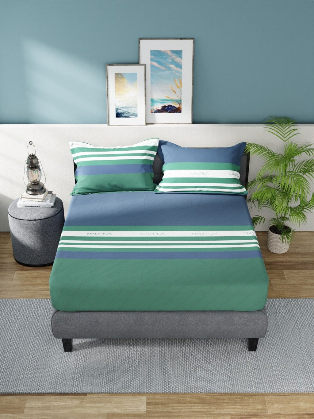Nautica Bradford Blue & Green Striped 160 TC Pure Cotton King Bedsheet & 2 Pillow Covers | Grocsy